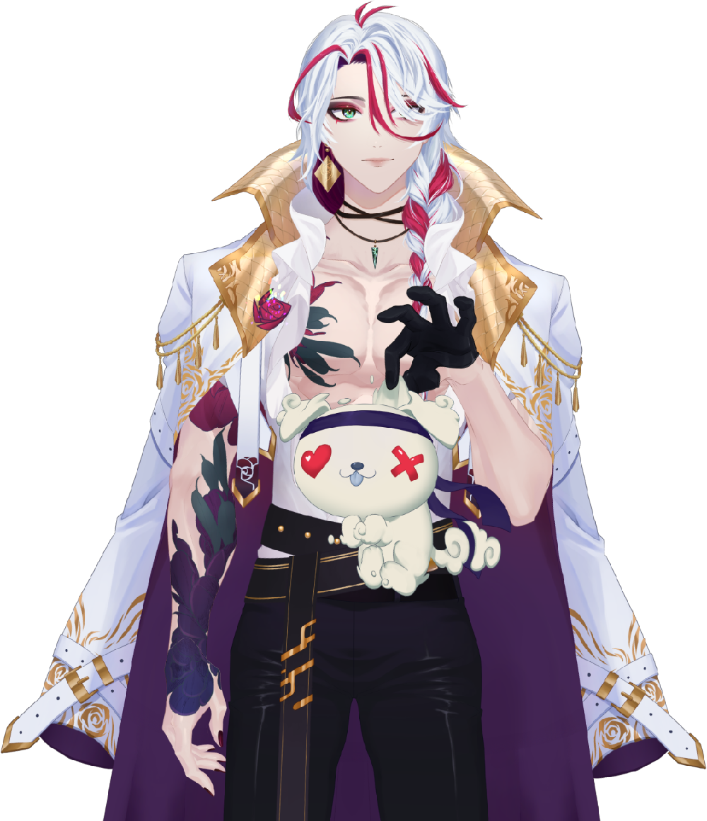 A white haired man in a white cape holding the logo dog by the ear