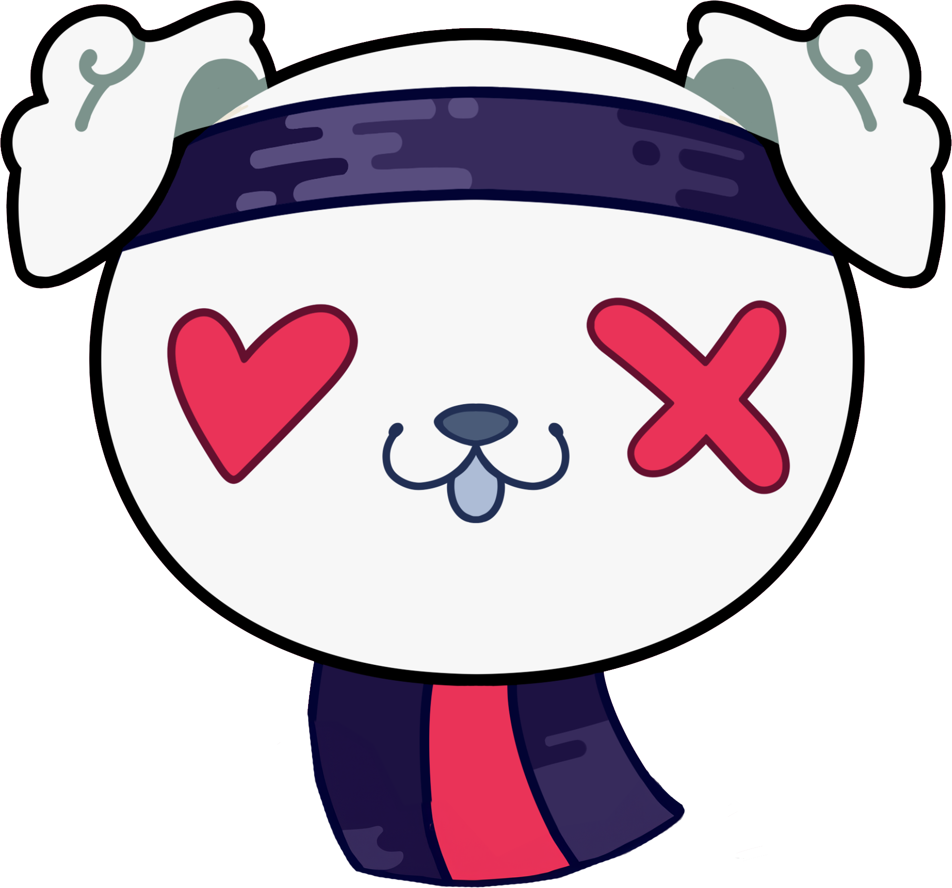 A white cartoon dog with a purple headbands, one eye is a heart and one is an X